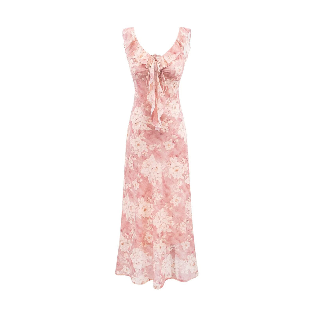 Women's Pink Rose Ruffle Fishtail Midi Dress