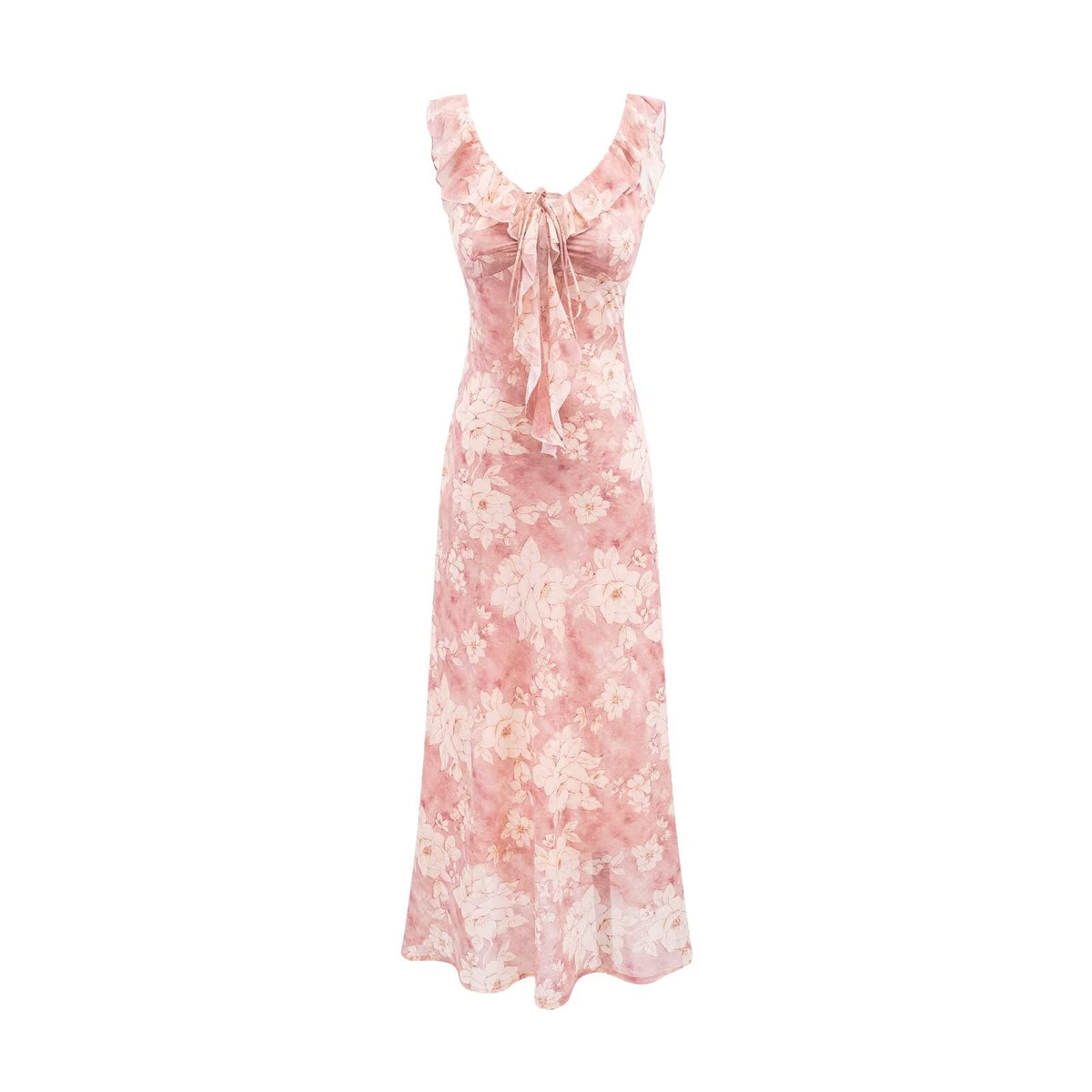 Women's Pink Rose Ruffle Fishtail Midi Dress