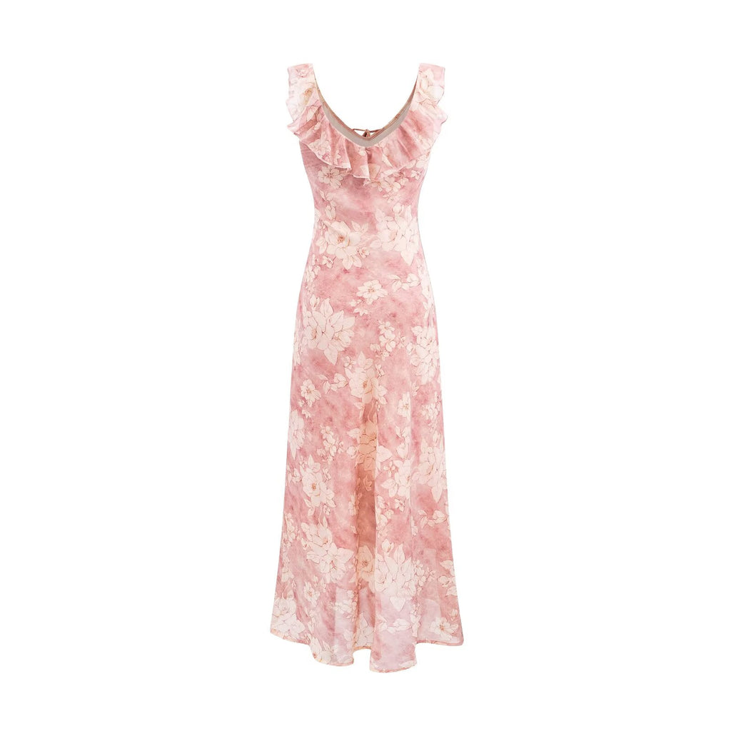 Women's Pink Rose Ruffle Fishtail Midi Dress