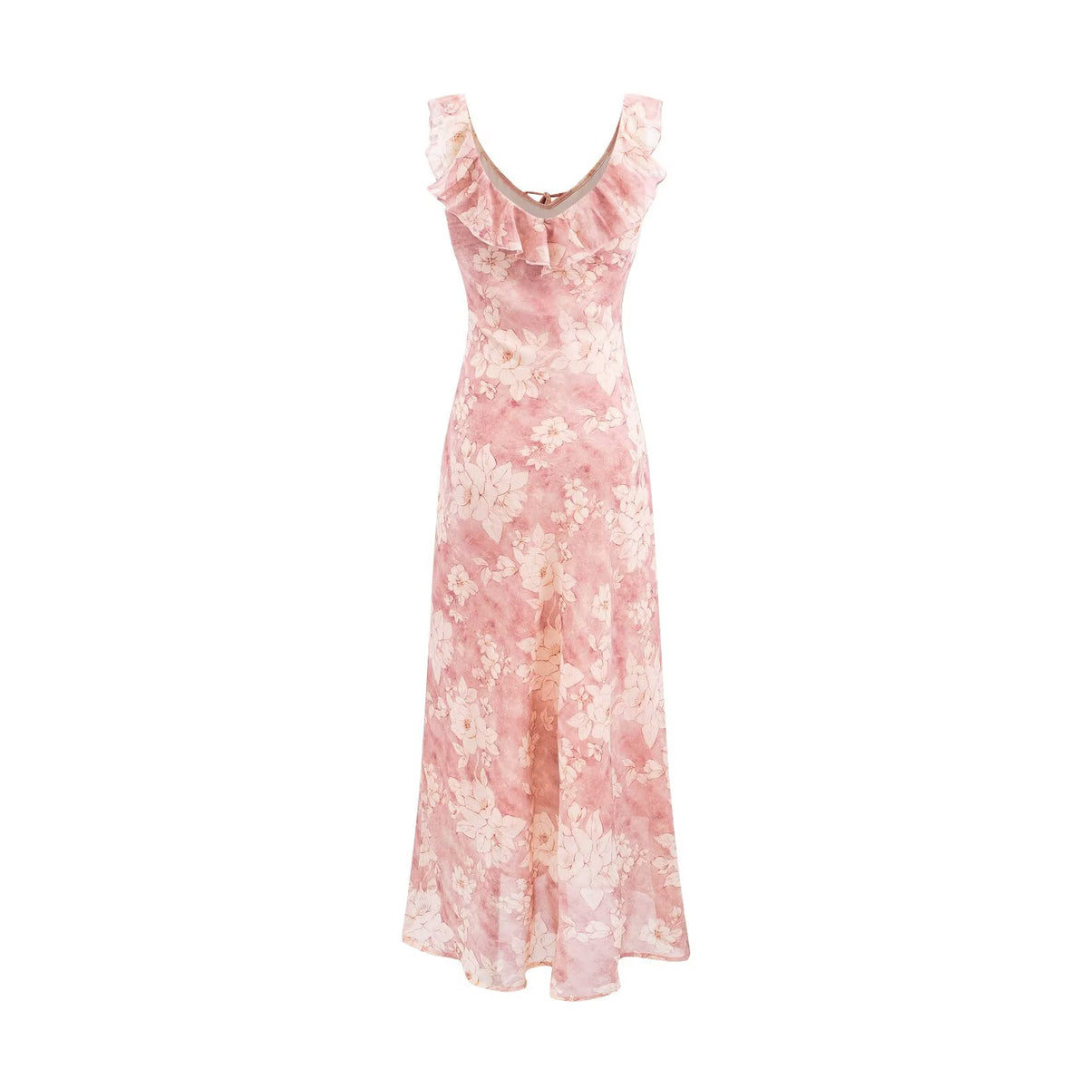 Women's Pink Rose Ruffle Fishtail Midi Dress