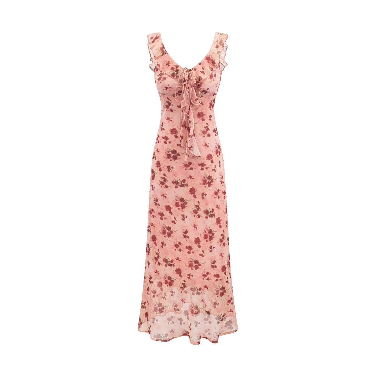 Women's Pink Rose Ruffle Fishtail Midi Dress