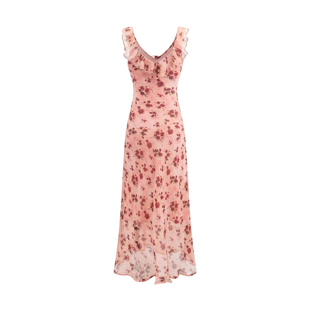 Women's Pink Rose Ruffle Fishtail Midi Dress