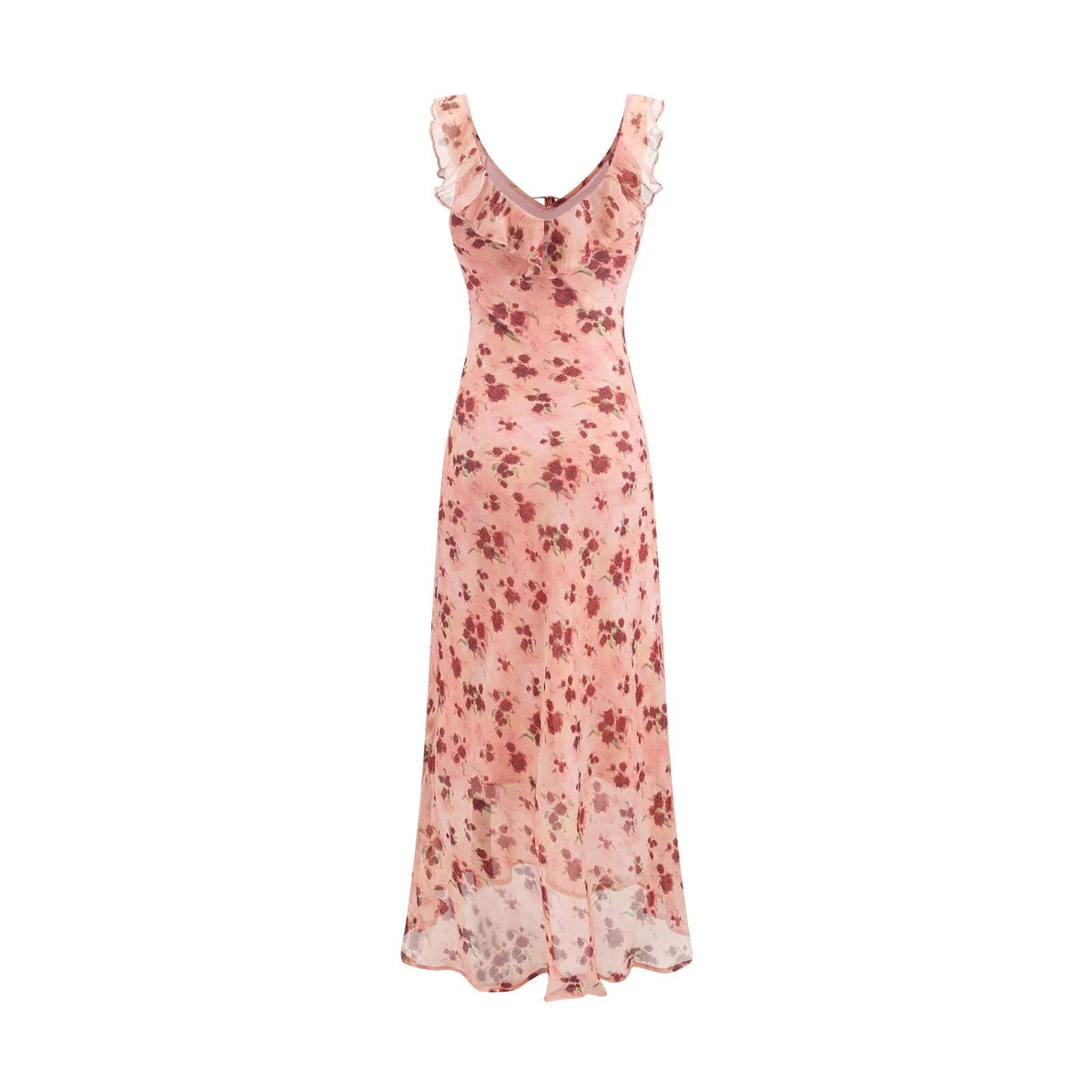 Women's Pink Rose Ruffle Fishtail Midi Dress