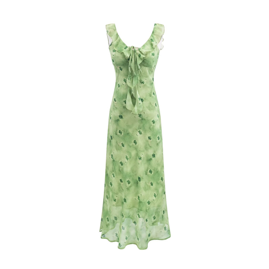 Women's Pink Rose Ruffle Fishtail Midi Dress