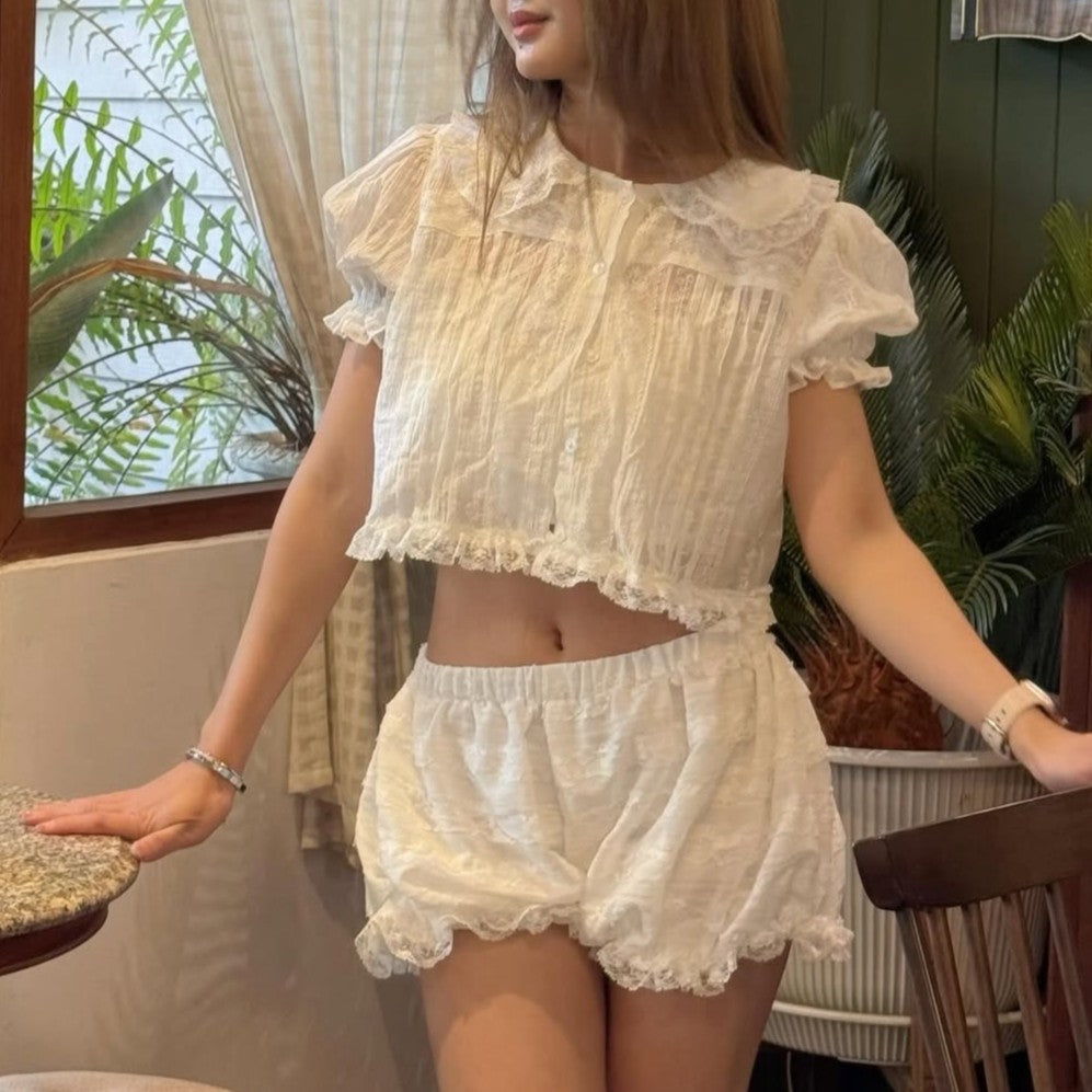 Women's French Short Sleeved Shirt Shorts Show Two Piece Two-Piece Set