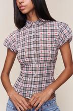 Women Clothing Casual Retro Nipped Waist Plaid Puff Sleeve Shirt