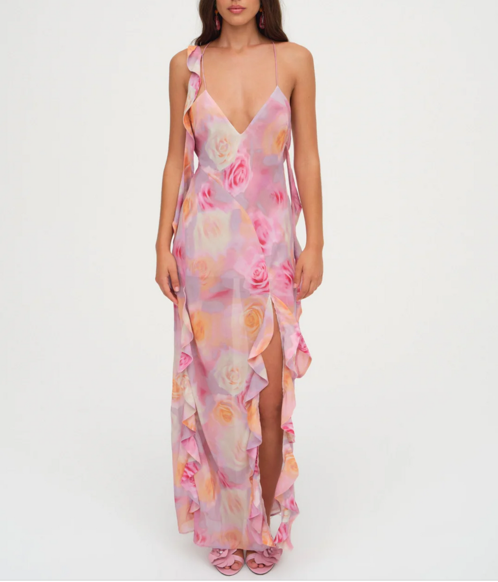 Women's Floral Ruffle Backless Split Maxi Dress