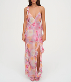 Women's Floral Ruffle Backless Split Maxi Dress