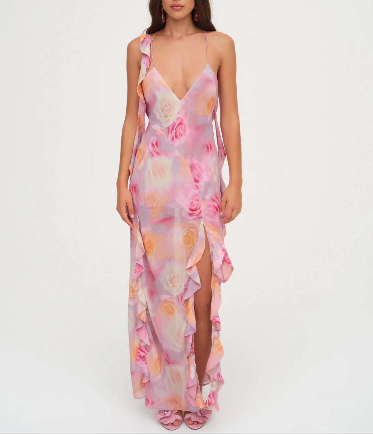 Women's Floral Ruffle Backless Split Maxi Dress