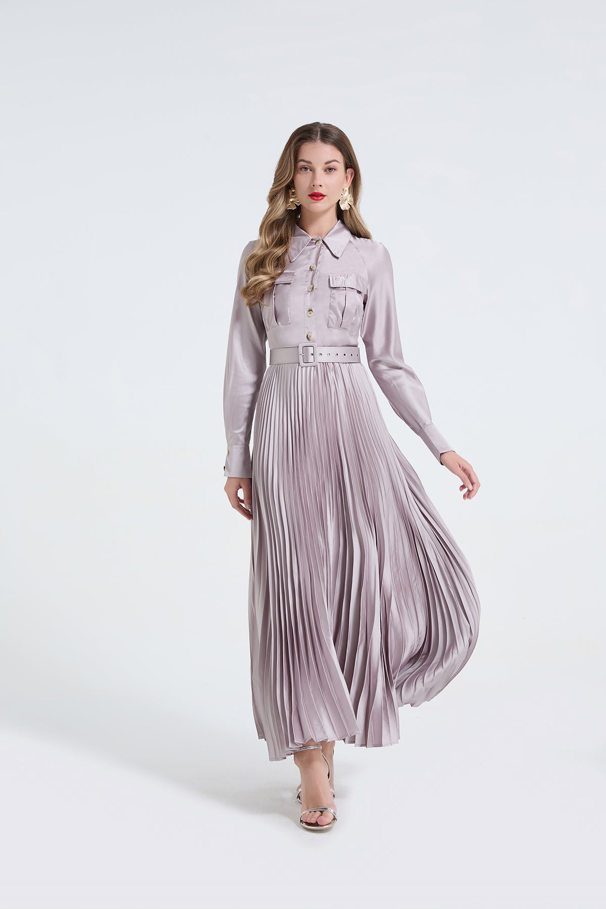 Women's 's Satin Long-Sleeve Shirt Dress