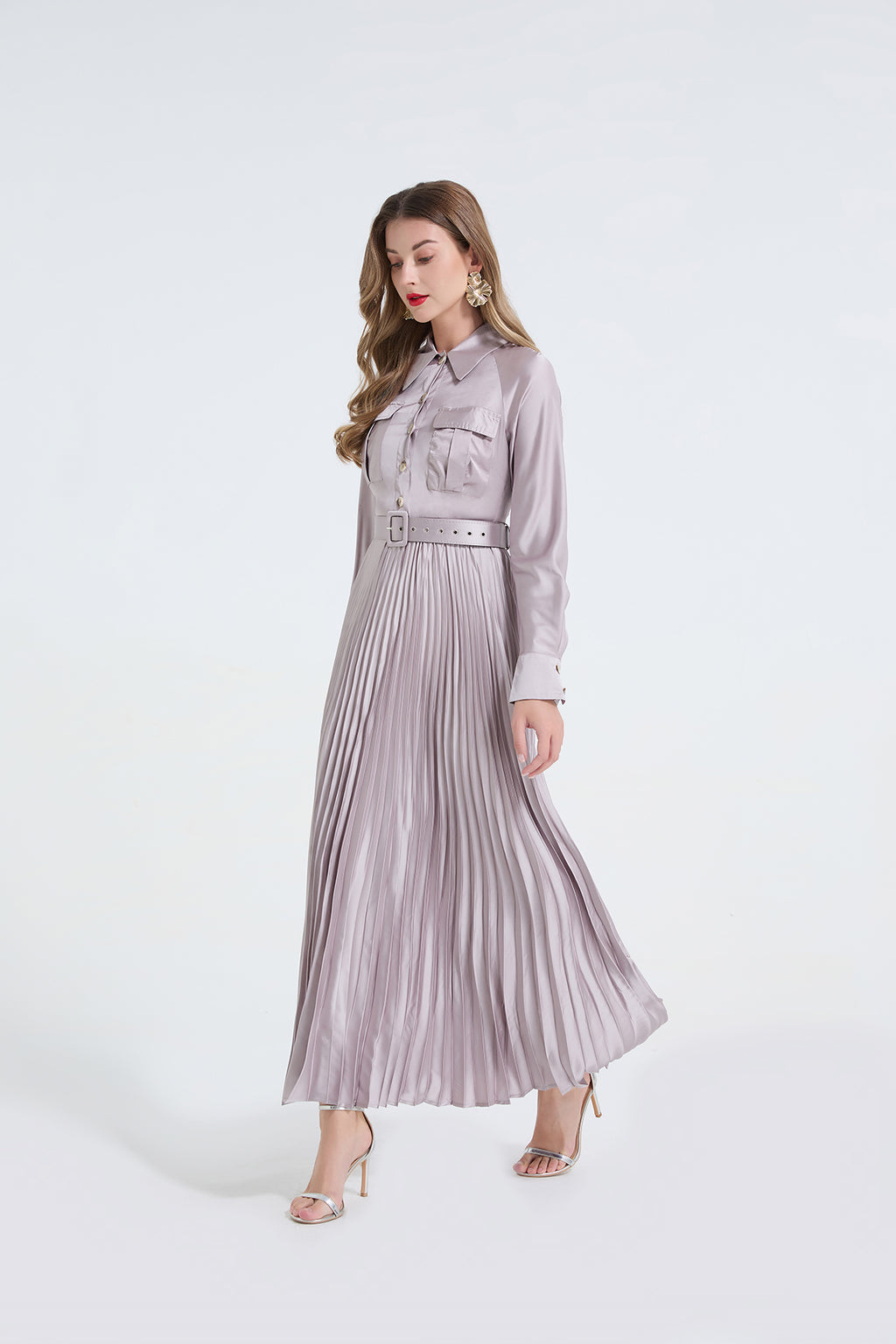 Women's 's Satin Long-Sleeve Shirt Dress