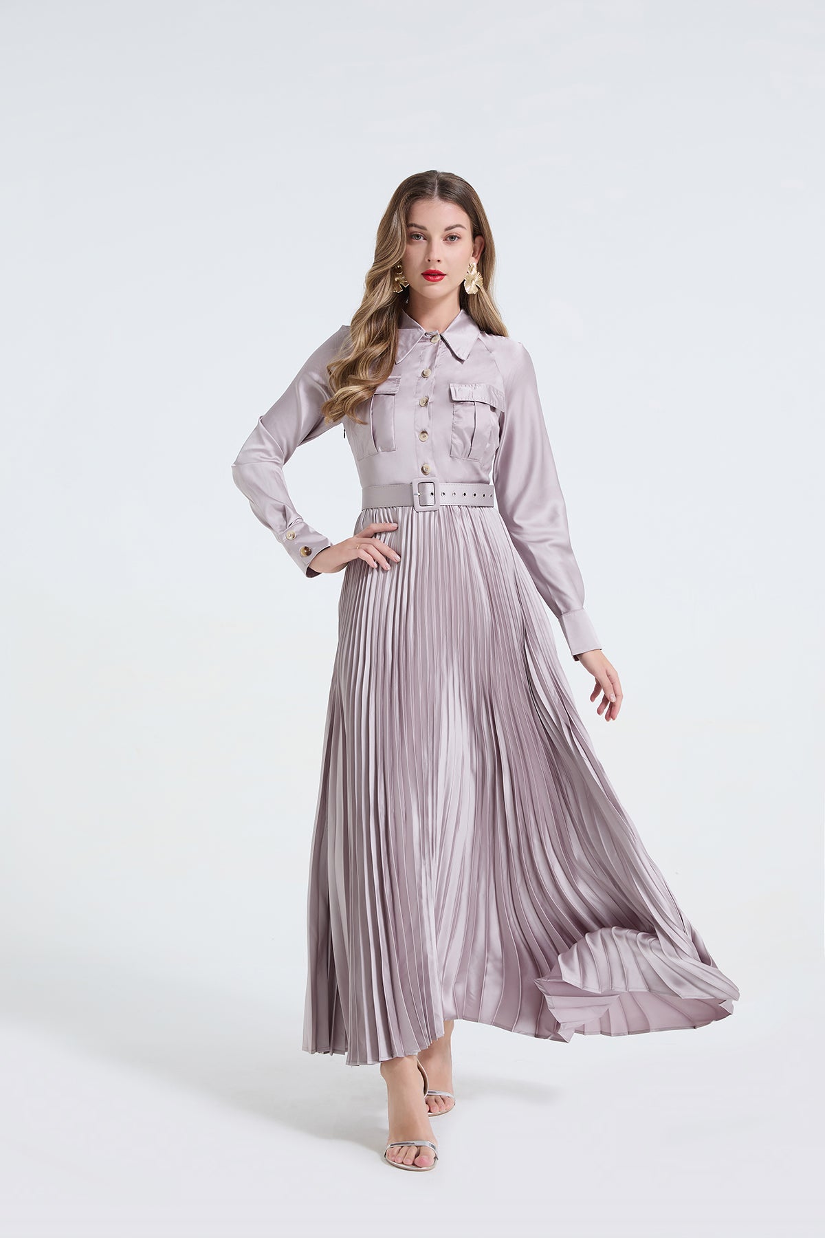 Women's 's Satin Long-Sleeve Shirt Dress