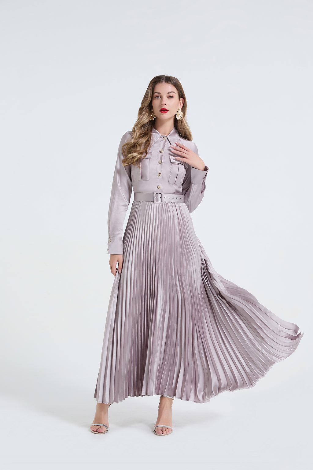Women's 's Satin Long-Sleeve Shirt Dress