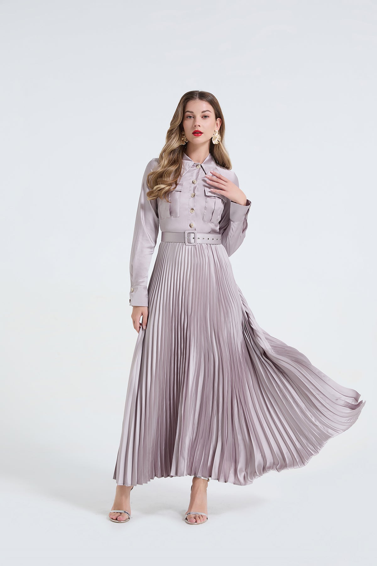 Women's 's Satin Long-Sleeve Shirt Dress