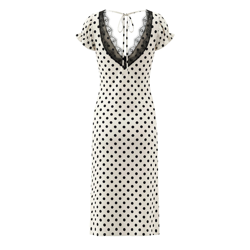Polka-Dot Lace-Trim V-Neck Midi Dress