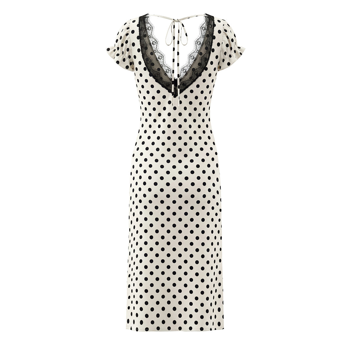 Polka-Dot Lace-Trim V-Neck Midi Dress