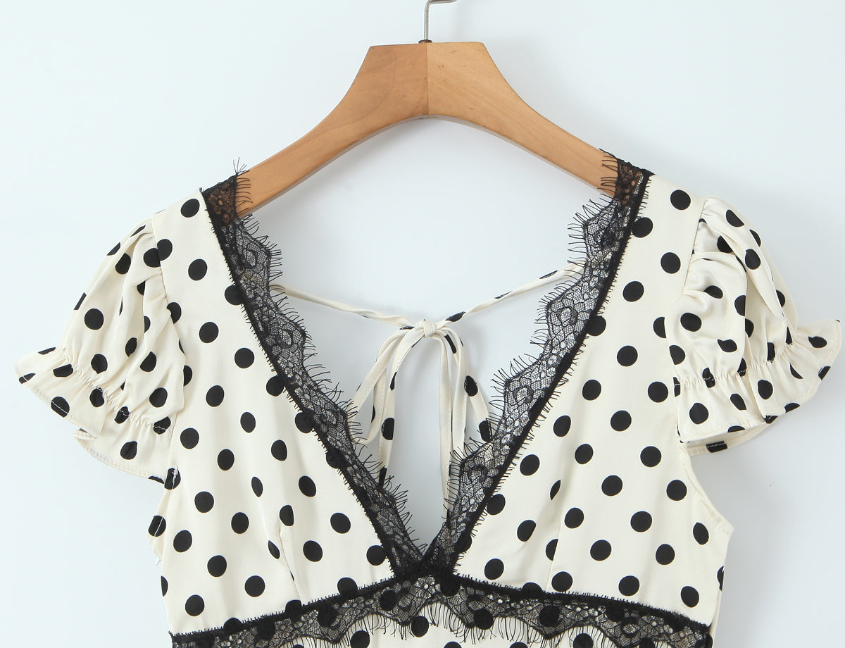 Polka-Dot Lace-Trim V-Neck Midi Dress