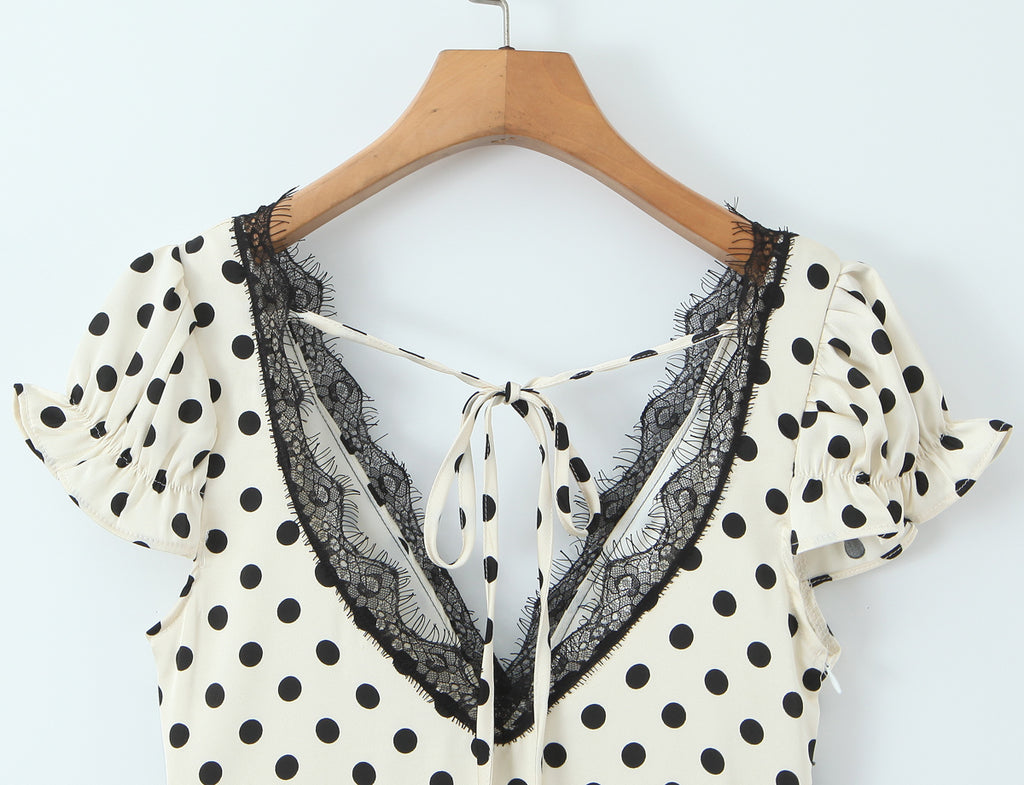 Polka-Dot Lace-Trim V-Neck Midi Dress