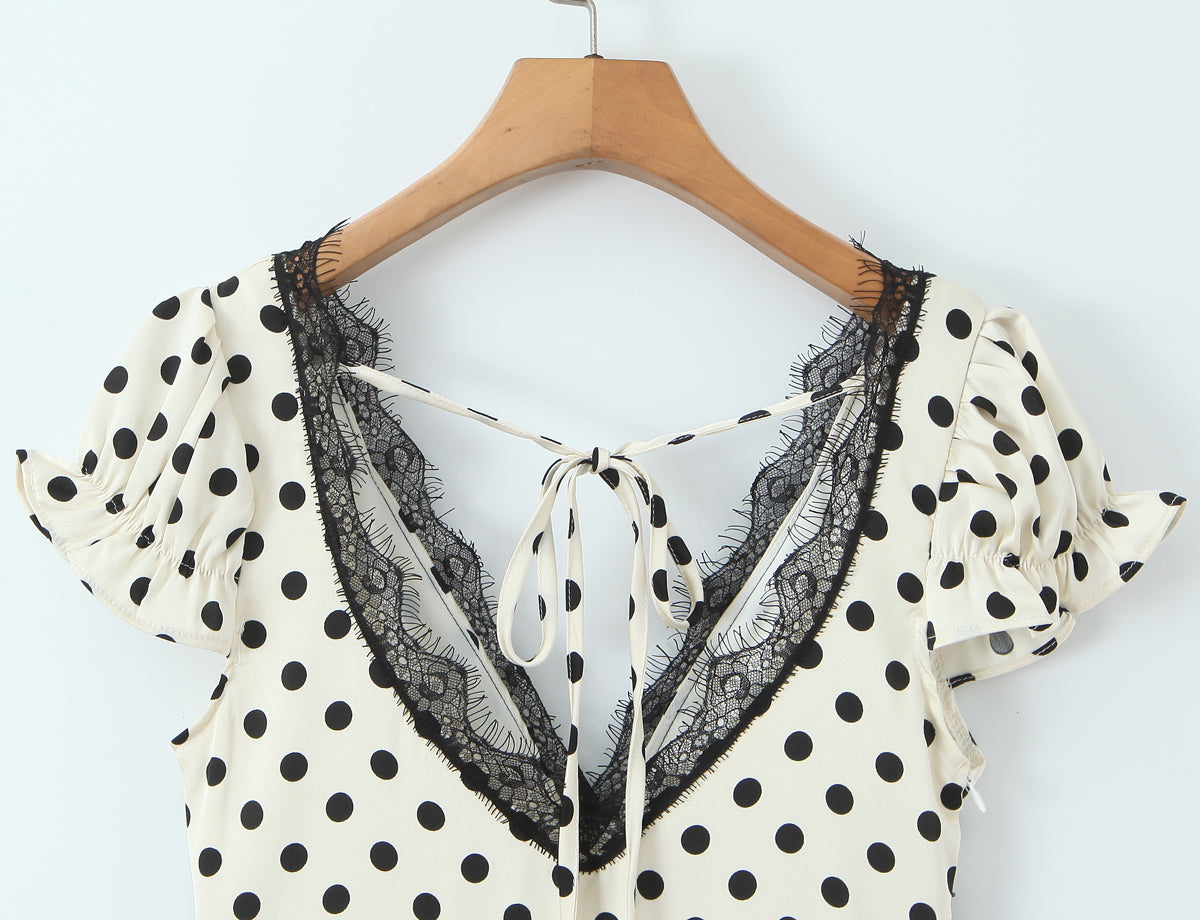 Polka-Dot Lace-Trim V-Neck Midi Dress