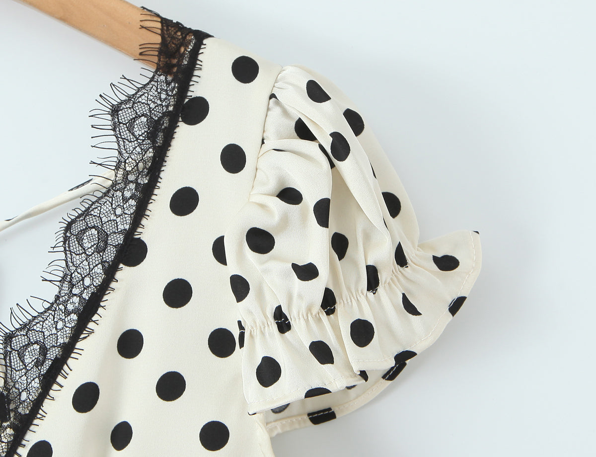 Polka-Dot Lace-Trim V-Neck Midi Dress
