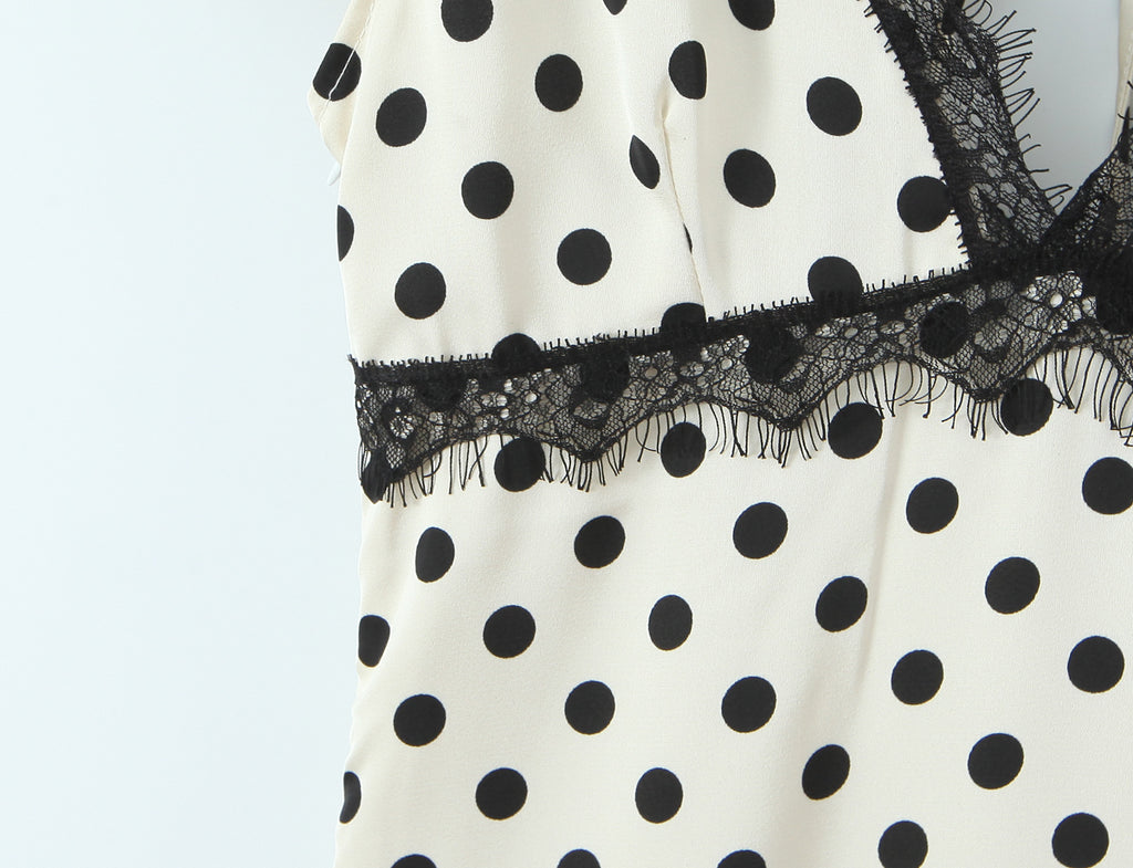 Polka-Dot Lace-Trim V-Neck Midi Dress