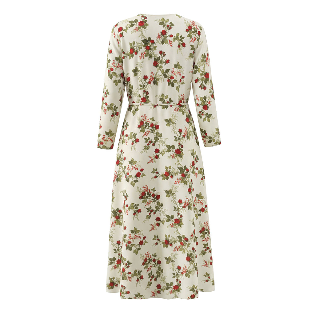 Idyllic Floral Tie Neck Waist-Defined Long-Sleeve Stomach Blanket Dress