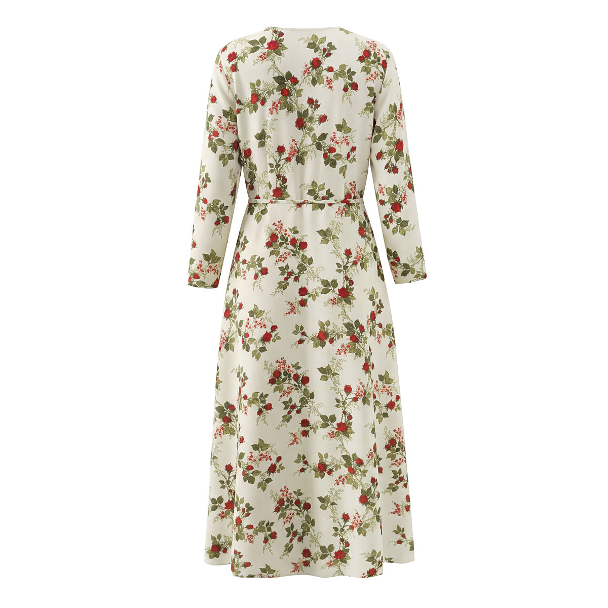 Idyllic Floral Tie Neck Waist-Defined Long-Sleeve Stomach Blanket Dress