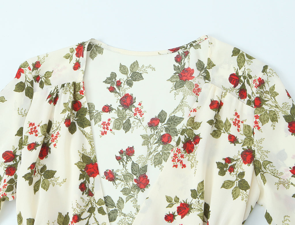Idyllic Floral Tie Neck Waist-Defined Long-Sleeve Stomach Blanket Dress
