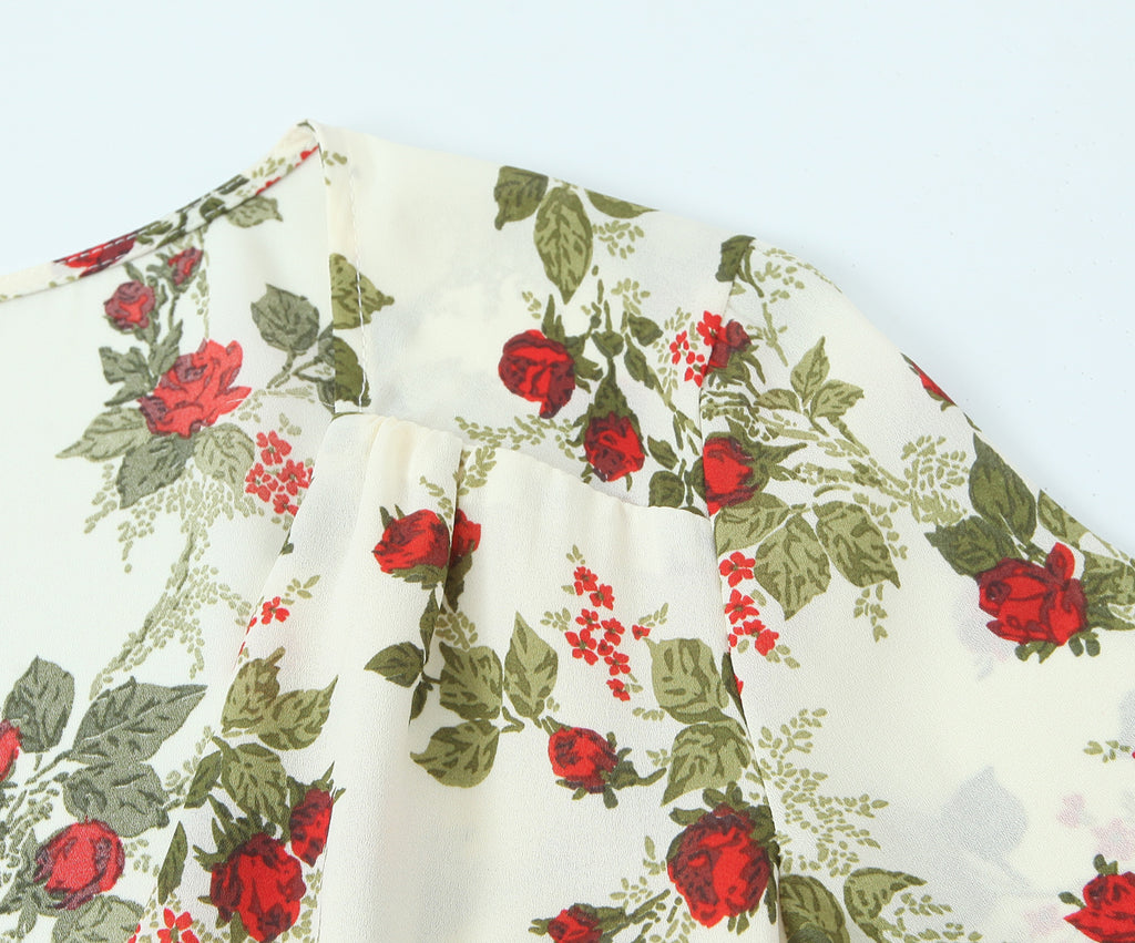 Idyllic Floral Tie Neck Waist-Defined Long-Sleeve Stomach Blanket Dress