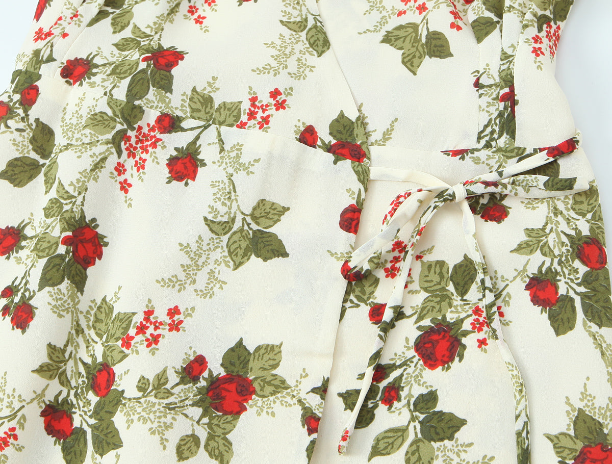 Idyllic Floral Tie Neck Waist-Defined Long-Sleeve Stomach Blanket Dress