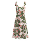 French Floral Printed Lace-Up Bow Suspenders Mid Length Dress