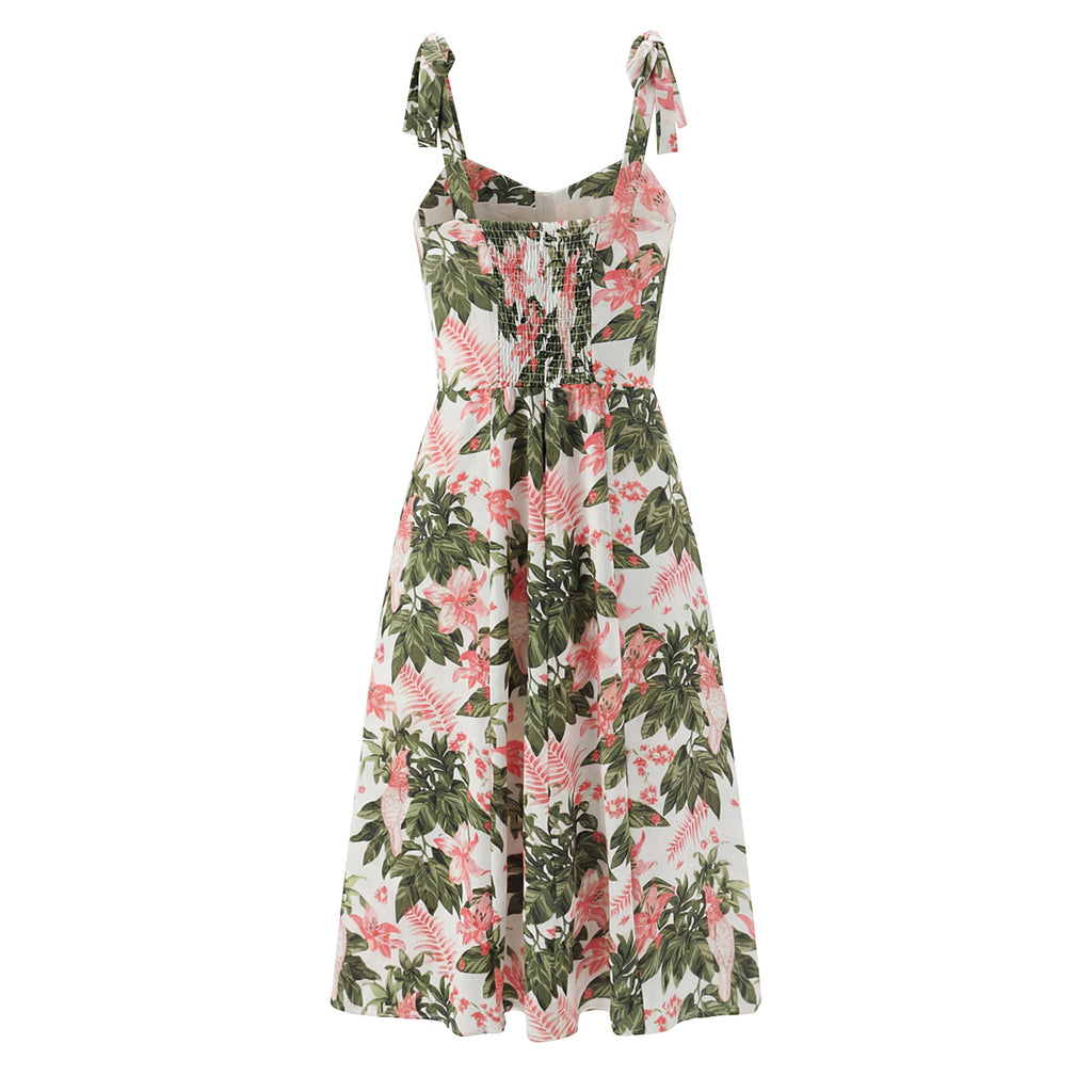 French Floral Printed Lace-Up Bow Suspenders Mid Length Dress