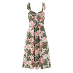 French Floral Printed Lace-Up Bow Suspenders Mid Length Dress