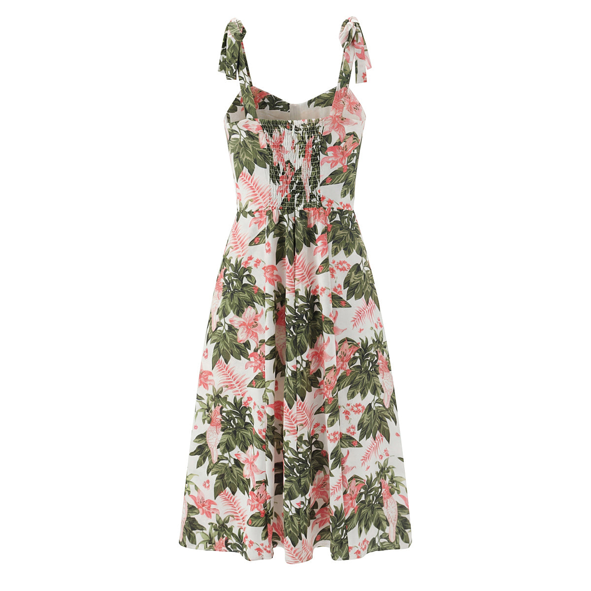 French Floral Printed Lace-Up Bow Suspenders Mid Length Dress