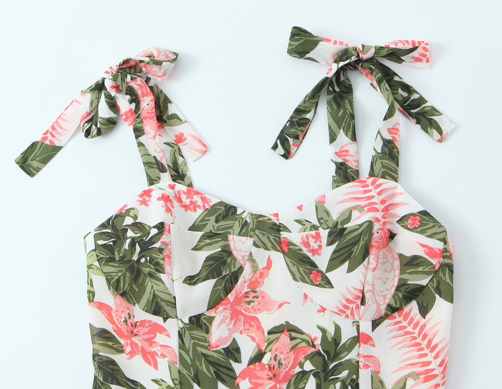 French Floral Printed Lace-Up Bow Suspenders Mid Length Dress