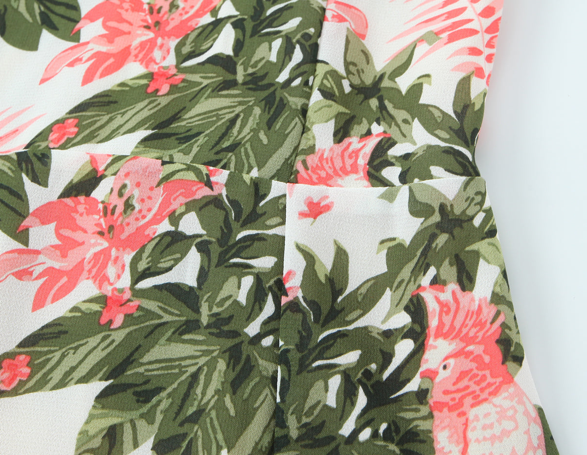 French Floral Printed Lace-Up Bow Suspenders Mid Length Dress