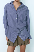 Women's Patchwork Striped Poplin Loose Collared Long Sleeves Shirt