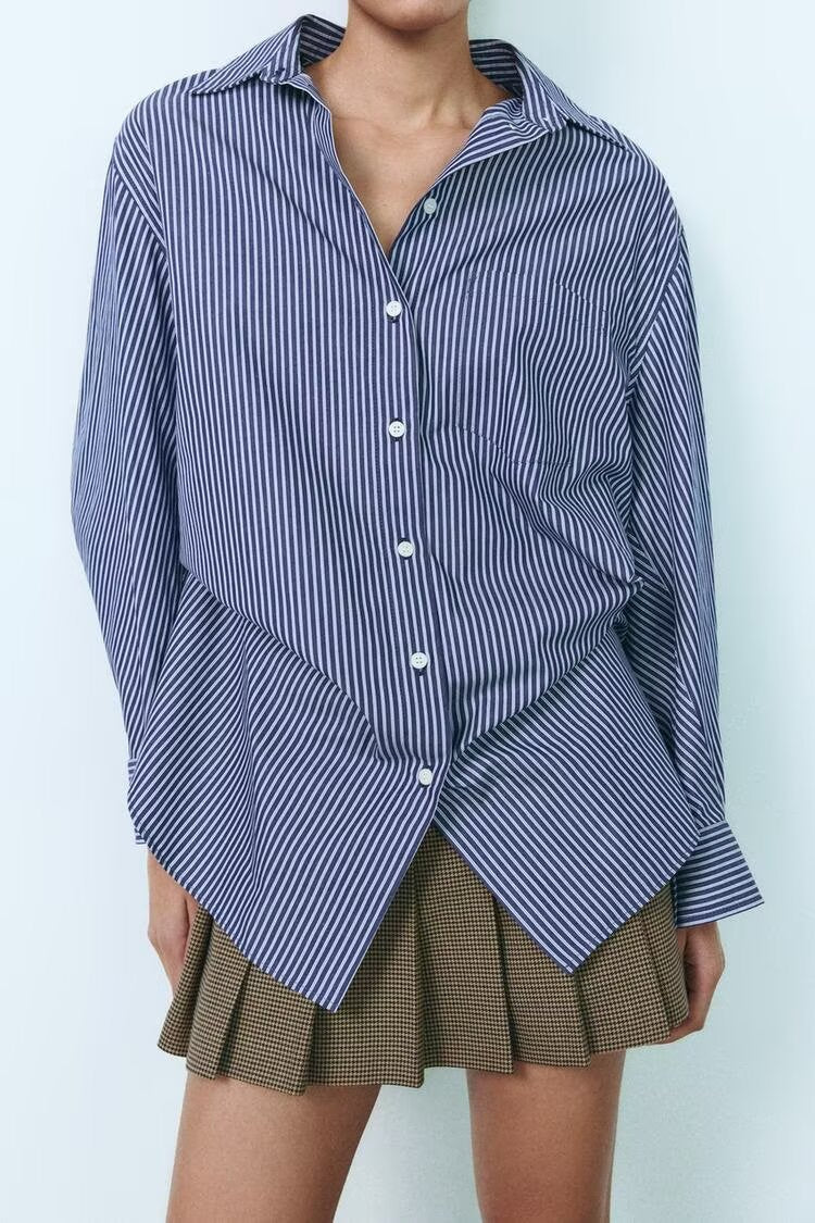 Women's Patchwork Striped Poplin Loose Collared Long Sleeves Shirt