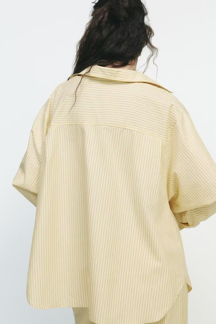 Women's Patchwork Striped Poplin Loose Collared Long Sleeves Shirt