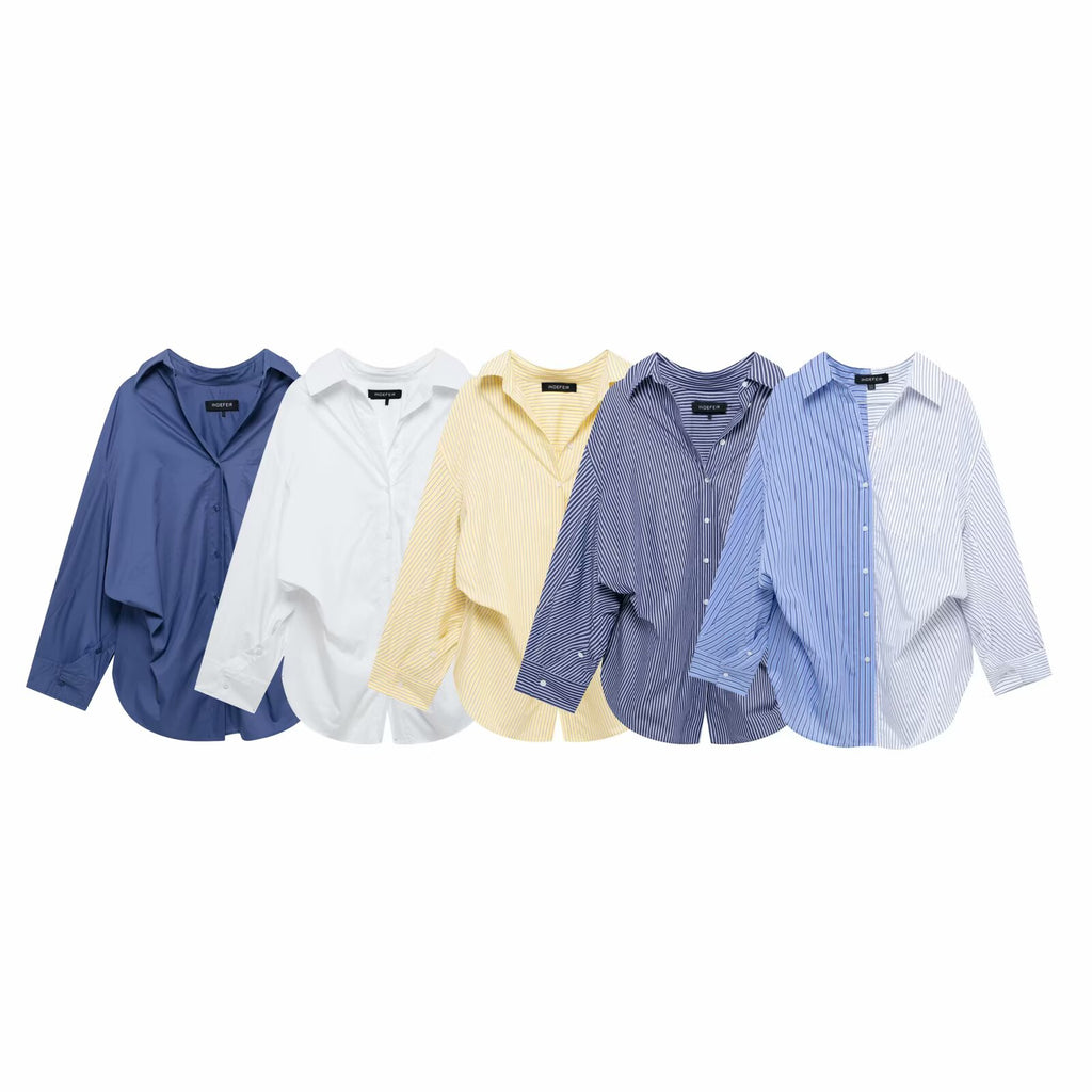 Women's Patchwork Striped Poplin Loose Collared Long Sleeves Shirt
