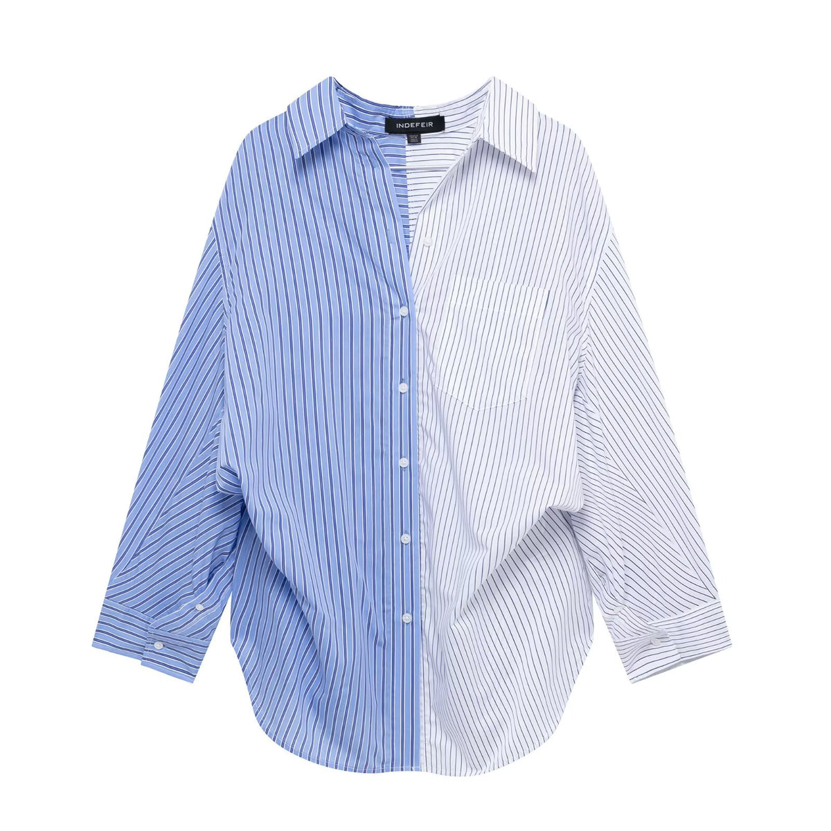 Women's Patchwork Striped Poplin Loose Collared Long Sleeves Shirt