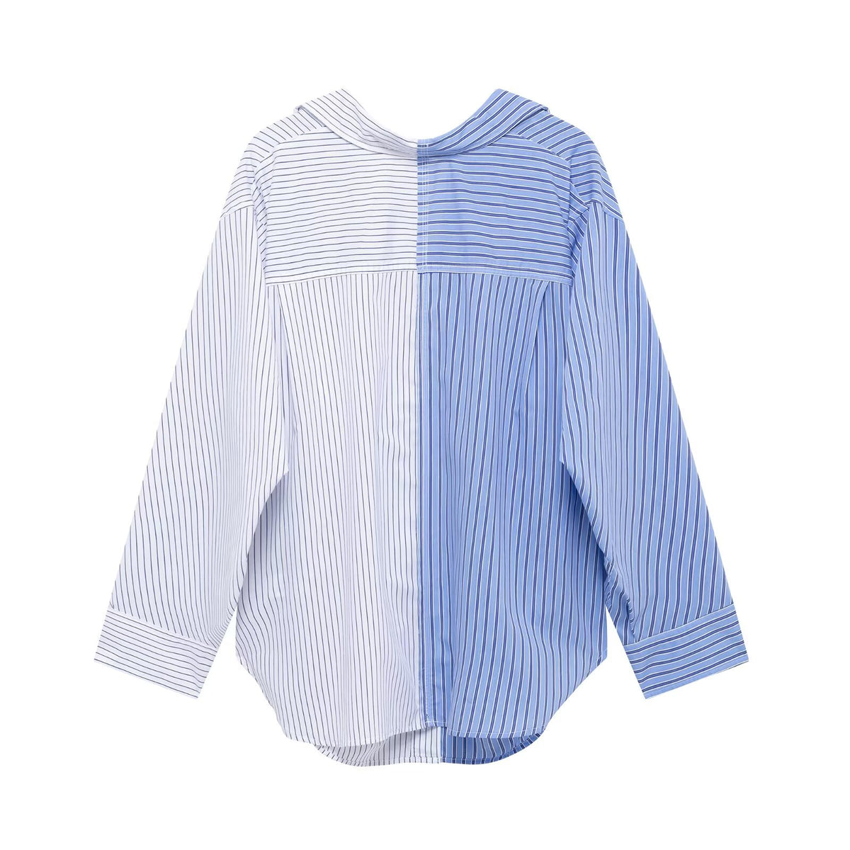 Women's Patchwork Striped Poplin Loose Collared Long Sleeves Shirt