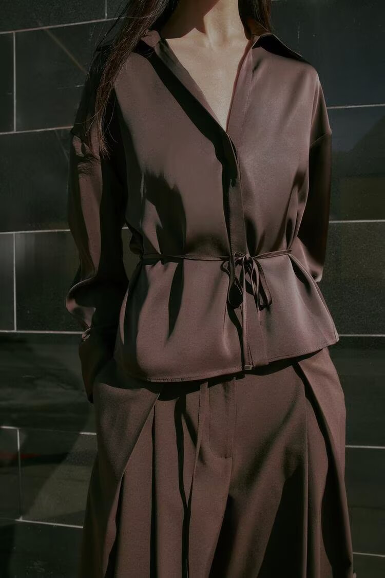 Women's All Matching With Belt Silk Satin Textured Shirt