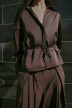 Women's All Matching With Belt Silk Satin Textured Shirt