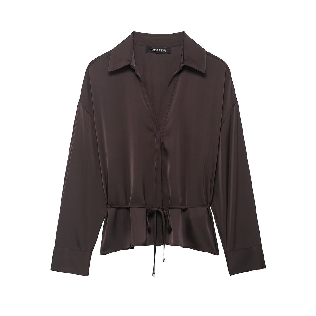 Women's All Matching With Belt Silk Satin Textured Shirt