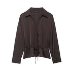 Women's All Matching With Belt Silk Satin Textured Shirt