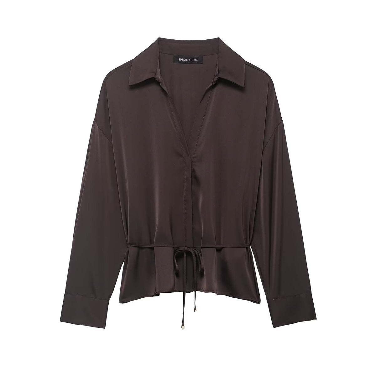 Women's All Matching With Belt Silk Satin Textured Shirt