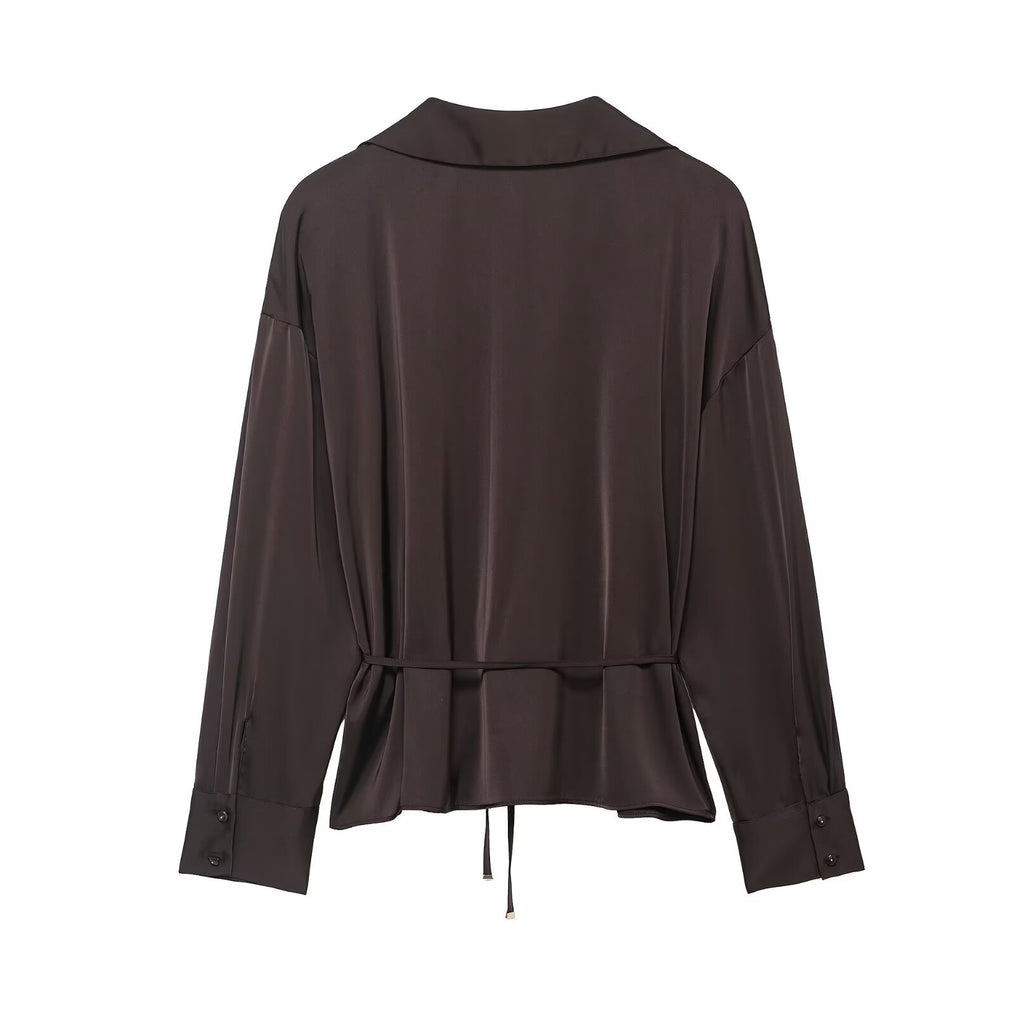 Women's All Matching With Belt Silk Satin Textured Shirt