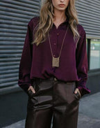 Women's Retro Easy Matching Wine Red Satin Short Shirt