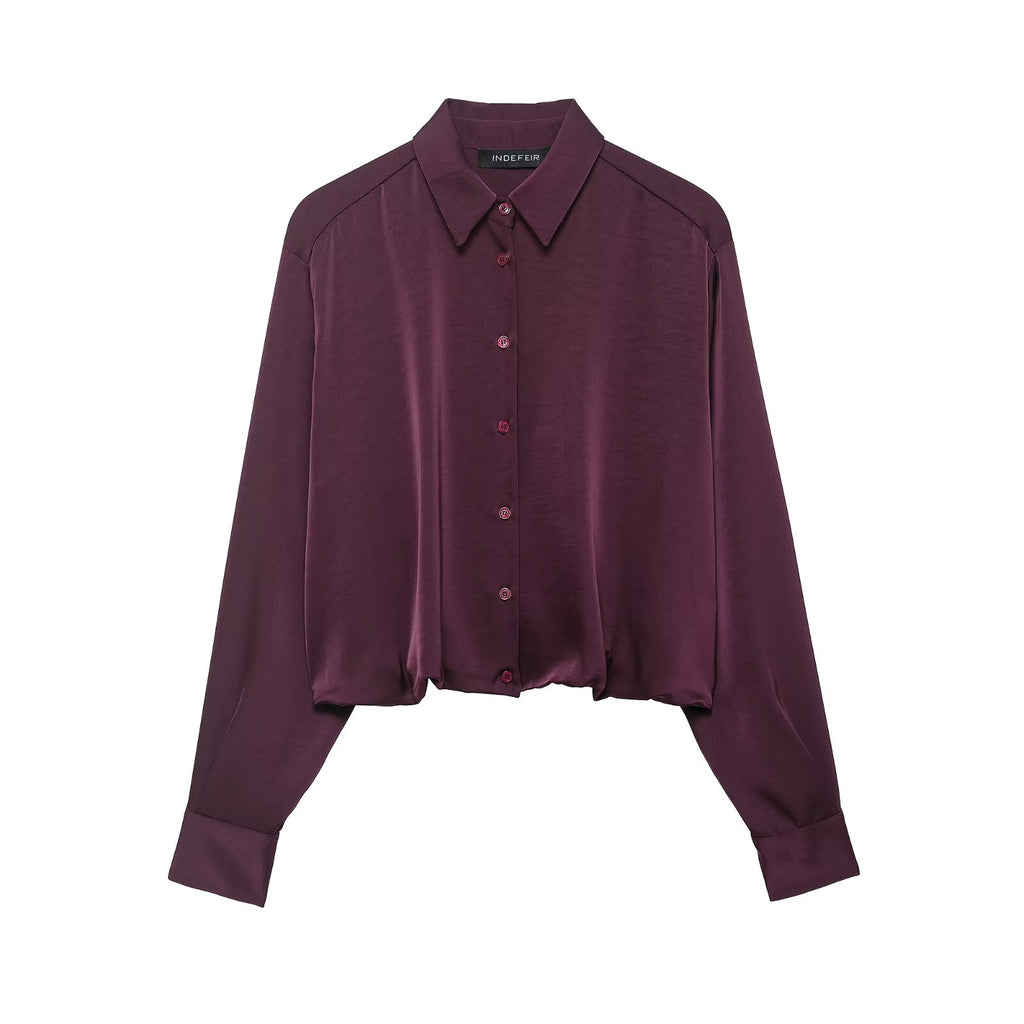 Women's Retro Easy Matching Wine Red Satin Short Shirt